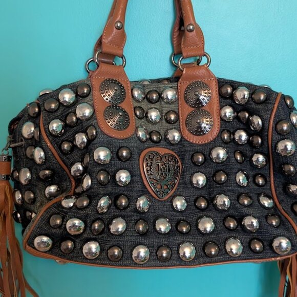 Studded Denim and brown tassel shoulder bag tote - Picture 4 of 8